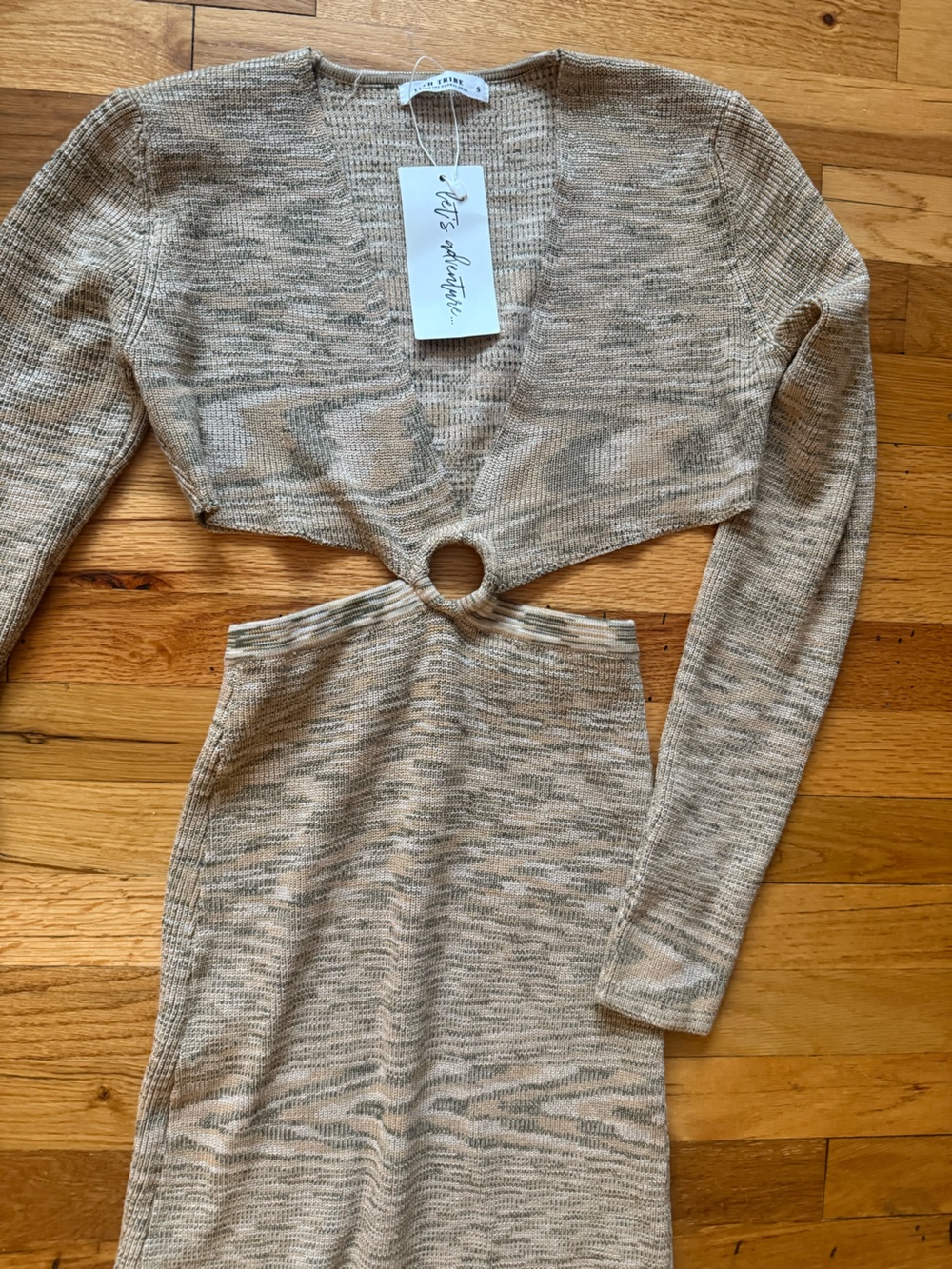 12th Tribe Beige and Olive Knit Cutout Dress